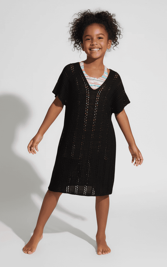Girls' black crochet beach dress with colorful trim and short sleeves