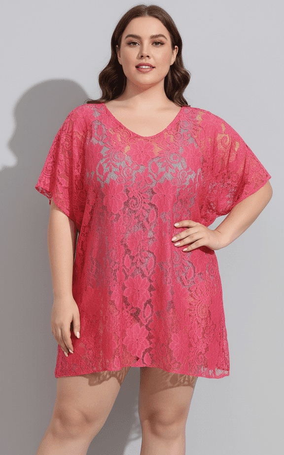Plus size hot pink floral lace kaftan tunic with draped sleeves for beach cover-up