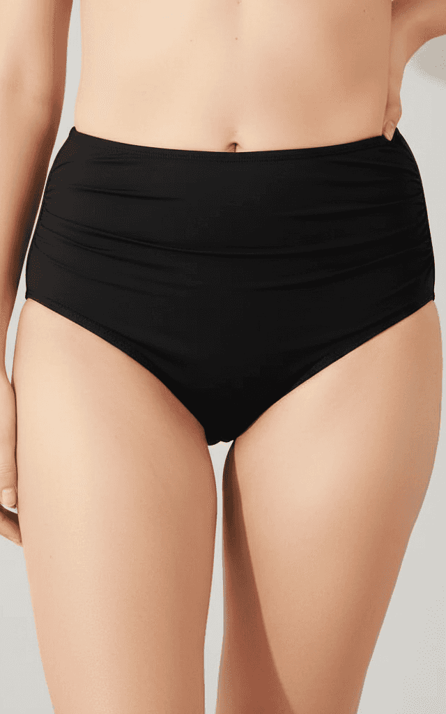 Bikini Bottoms with high-waist ruched design in solid black, providing maximum coverage and tummy control.