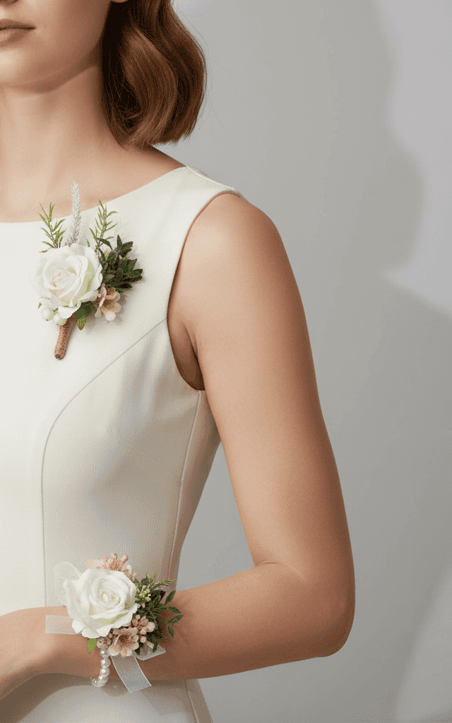 Navy and burgundy rose corsage and boutonniere set with gold accents and pearl wrist corsage for formal events