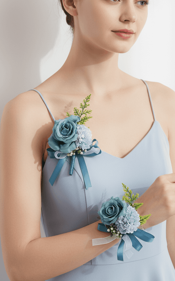 Blushing pink rose and carnation lapel corsage with long pink ribbons for women's formal suits