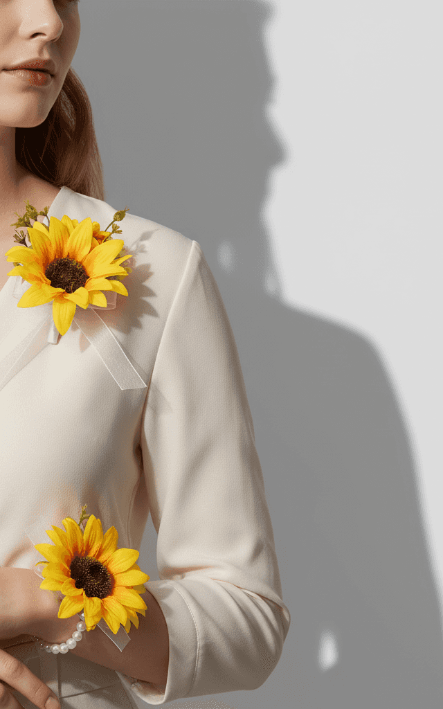 Vibrant sunflower corsage and boutonniere set with pearl bracelet and sheer white ribbon