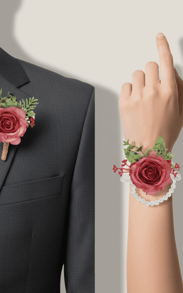 Dusty pink rose corsage ensemble with pearl bracelet and white filler flowers for romantic occasions