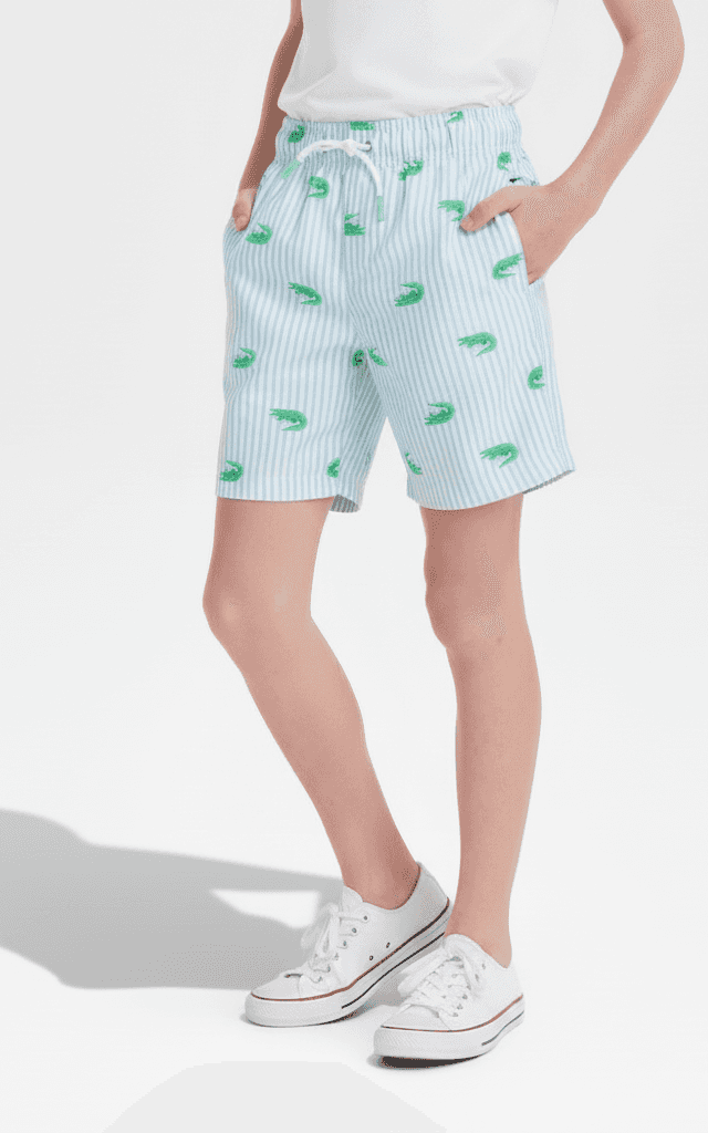 Boys' Swim Trunks Light blue stripe with green alligator graphic print.