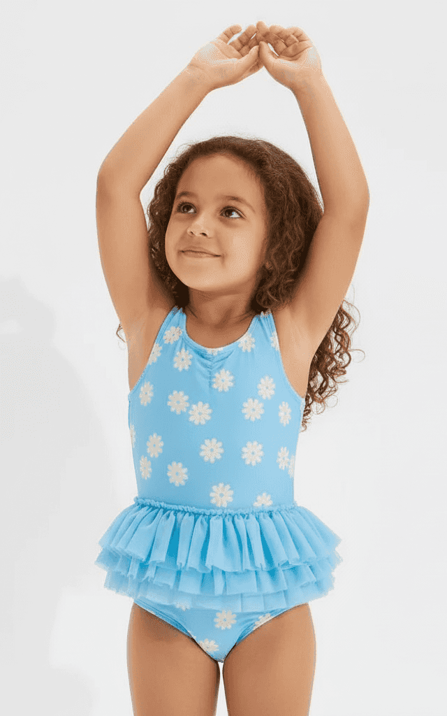 Toddler Girls' One-Piece Swimsuit Light blue daisy print with layered ruffle tutu skirt.
