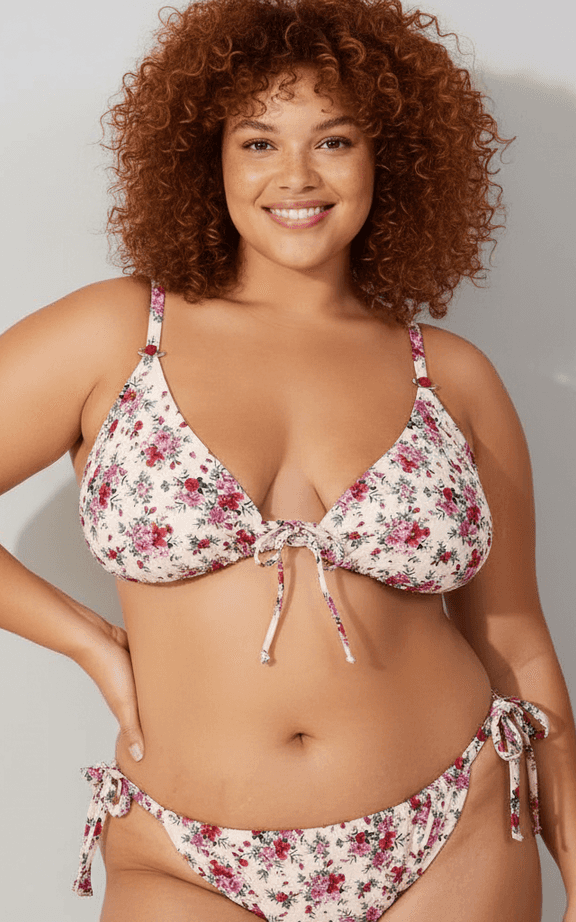 Plus Size Swimwear Set Cream Ditsy Floral Triangle Bikini with Side Tie Bottoms and Adjustable Straps.