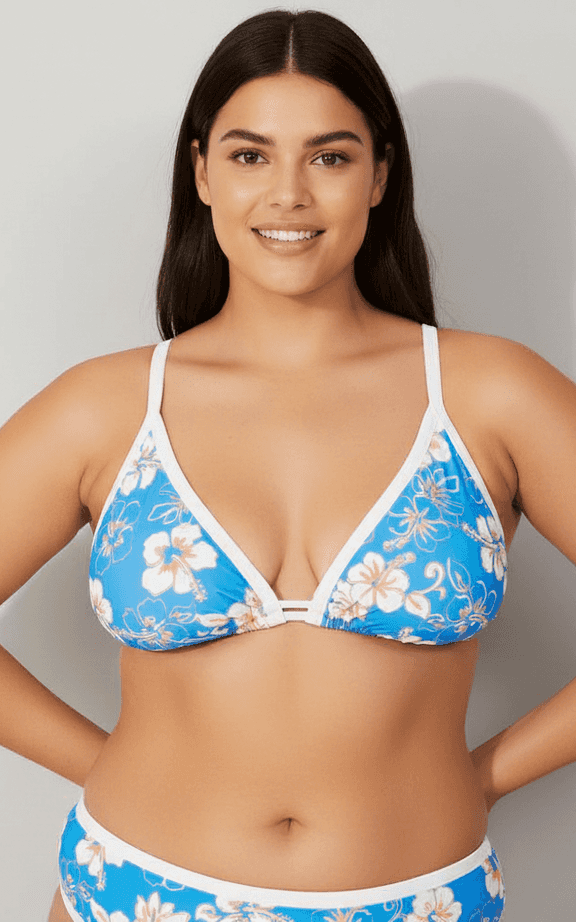Plus Size Swimwear Set Blue Tropical Hibiscus Print V-Neck Triangle Top and Contrasting Trim Bottoms.