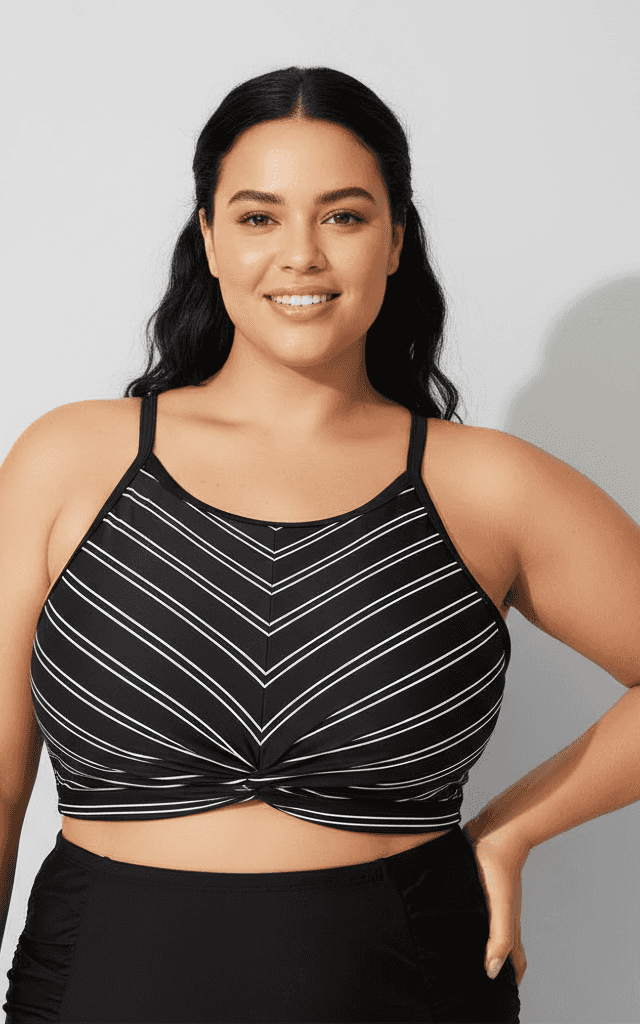 Plus Size Swimwear Set Black White Chevron Twist-Front High Support Top and Ruched High Waist Bottoms.