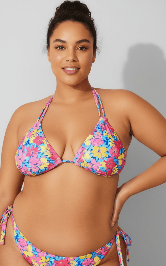 Plus Size Swimwear Set Neon Floral Halter String Tie Triangle Top and Matching Adjustable Tie Side Bottoms.