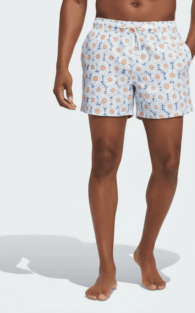 Daisy Floral Pattern Swim Trunk White, bright all-over daisy print, short inseam, perfect for summer holidays