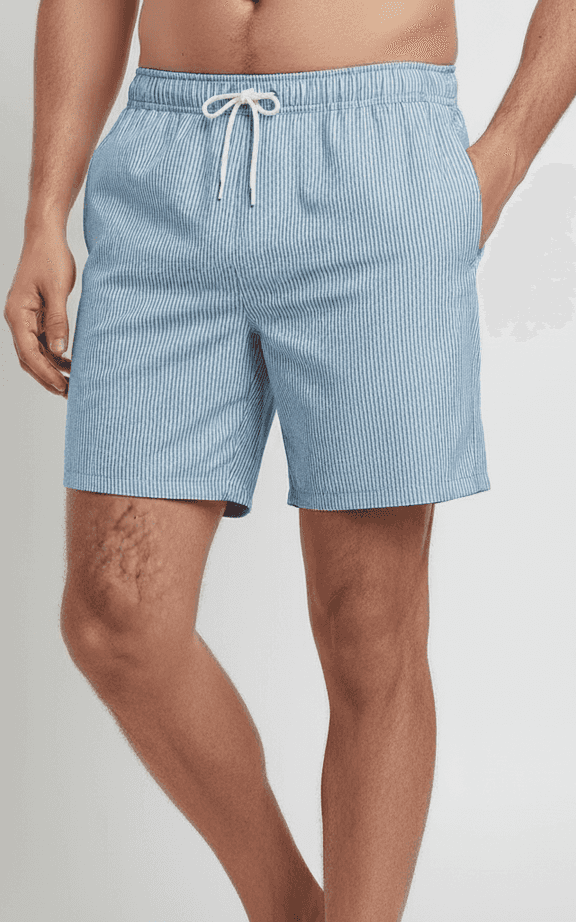 Fine Stripe Casual Swim Trunk Blue, thin blue and white vertical stripes, relaxed fit, drawstring closure for easy comfort