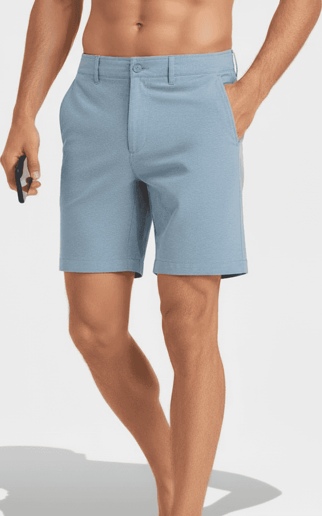 Performance Hybrid Board Short Melange Blue, tailored fit, chino-style button closure for versatile wear