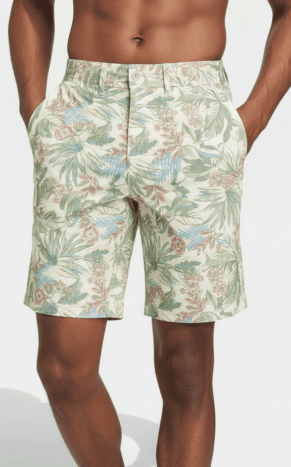 Botanical Print Hybrid Short Cream, long-cut, vintage floral print, button-fly closure for a dressed-up beach look