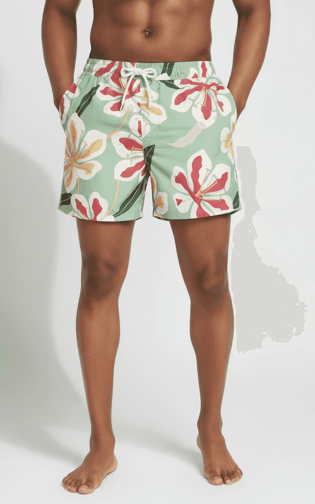 Large Hibiscus Floral Swim Short Sage Green, bold red and yellow tropical flowers, mid-length cut for balanced coverage