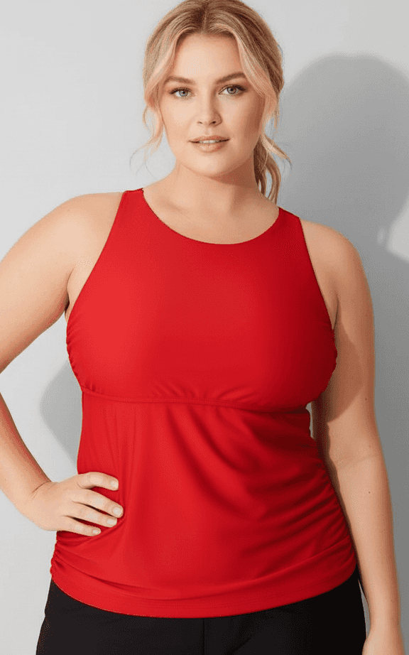 Tankini Swimwear Set in a bold red, designed with a scoop neck and athletic racerback top for maximum security and movement.