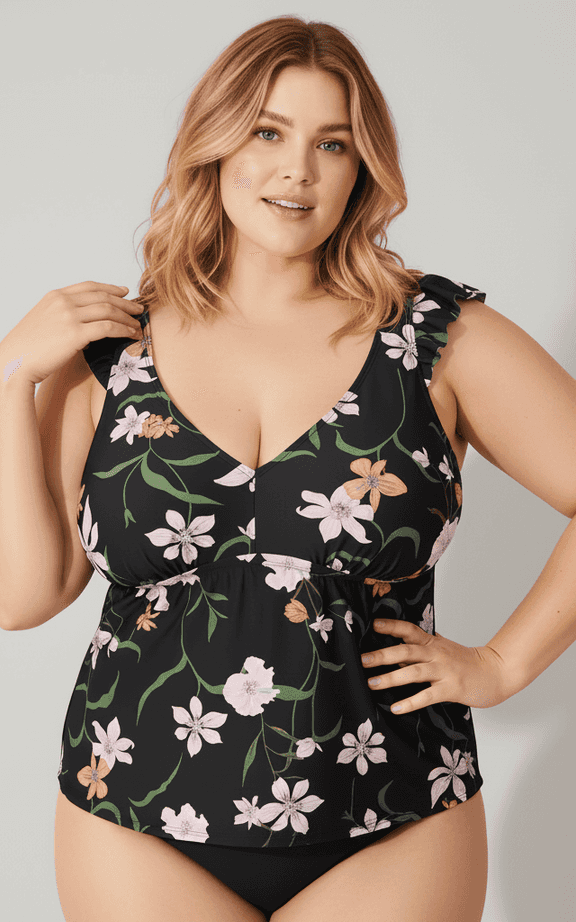 Tankini Swimwear Set in a black and pink floral print, featuring a V-neck top with cute ruffle details on the shoulders.