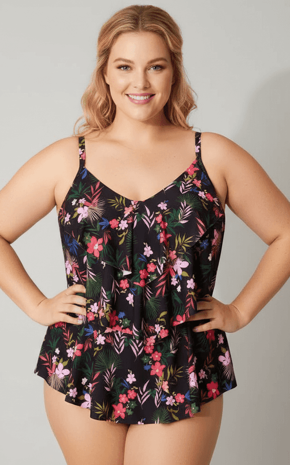 Tankini Swimwear Set with a vibrant tropical foliage print top and a subtle ruffle hem, ideal for a resort holiday look.