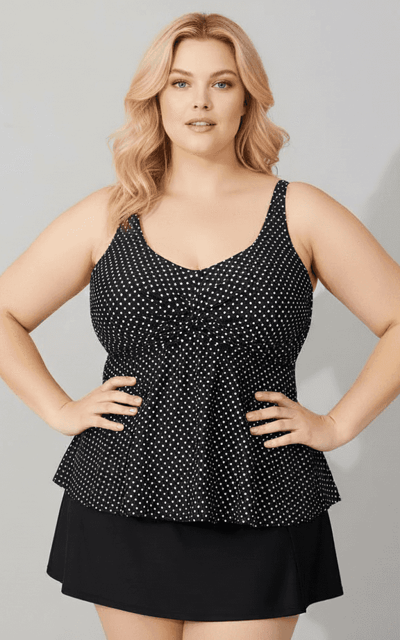 Tankini Swimwear Set in a classic polka dot print with a supportive ruched top and an attached black high-waisted swim skirt.