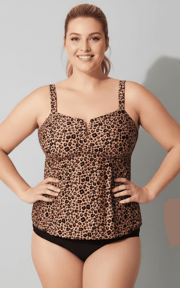Tankini Swimwear Set in an eye-catching leopard print, featuring a supportive sweetheart neckline and black brief bottoms.